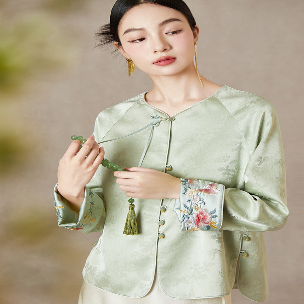 QS straw Xi Spring and Autumn new style improved Chinese style round neck jacket jacquard handmade buckle slimming embroidered top image 1