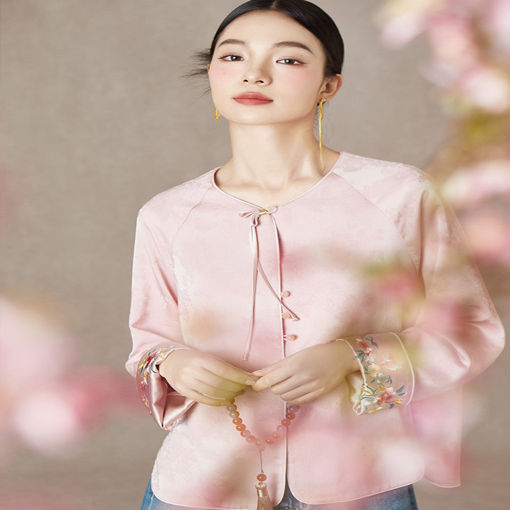 QS straw Xi Spring and Autumn new style improved Chinese style round neck jacket jacquard handmade buckle slimming embroidered top image 2