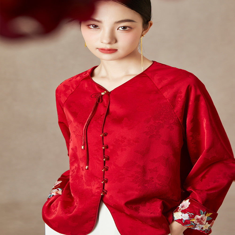 QS straw Xi Spring and Autumn new style improved Chinese style round neck jacket jacquard handmade buckle slimming embroidered top image 3