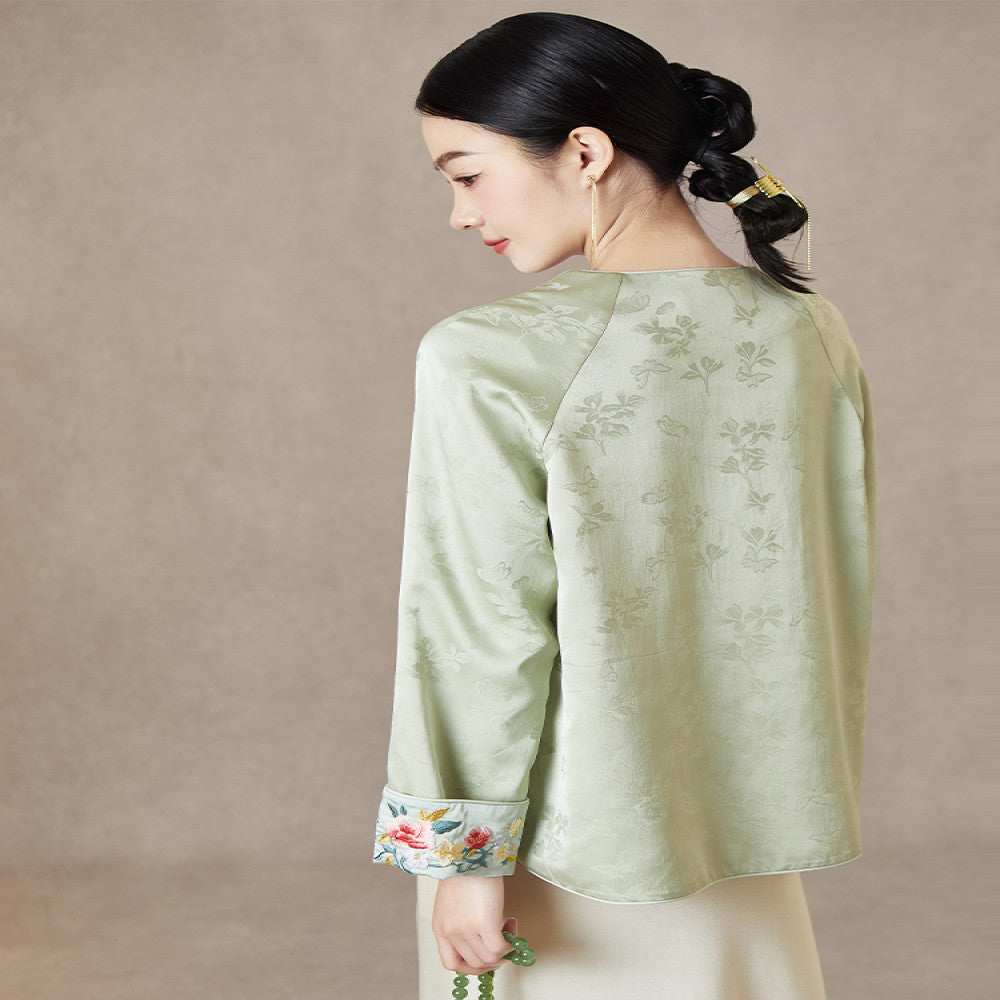 QS straw Xi Spring and Autumn new style improved Chinese style round neck jacket jacquard handmade buckle slimming embroidered top image 4