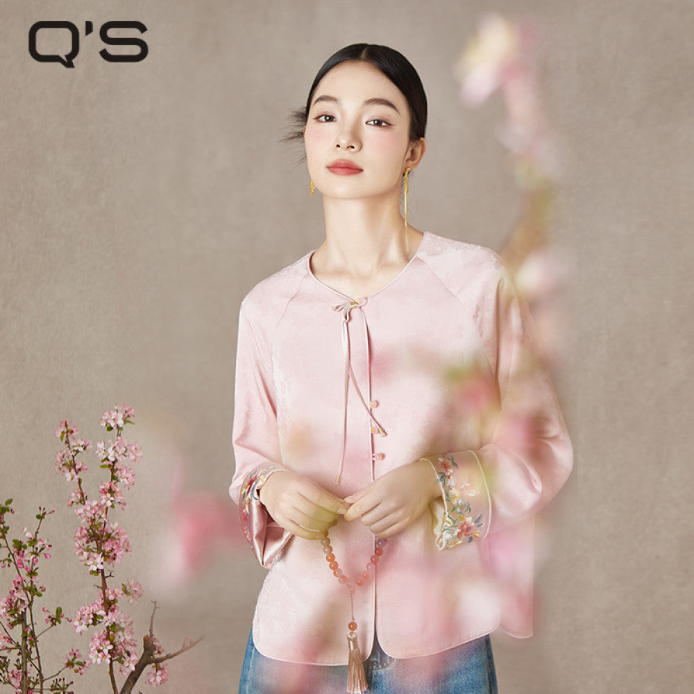 QS straw Xi Spring and Autumn new style improved Chinese style round neck jacket jacquard handmade buckle slimming embroidered top image 12