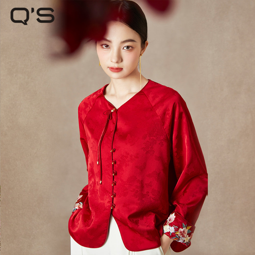 QS straw Xi Spring and Autumn new style improved Chinese style round neck jacket jacquard handmade buckle slimming embroidered top image 19