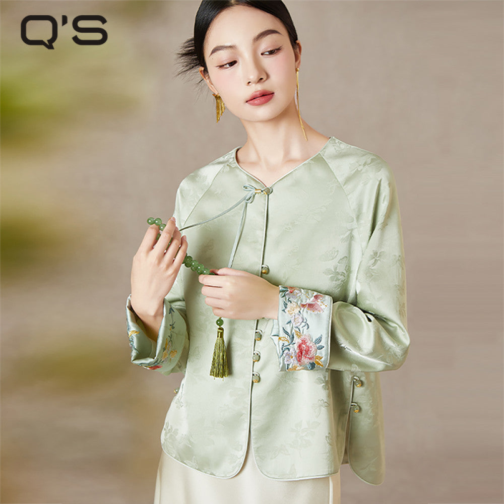 QS straw Xi Spring and Autumn new style improved Chinese style round neck jacket jacquard handmade buckle slimming embroidered top image 24