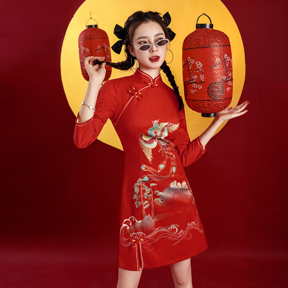 Red cheongsam 2025 new improved national tide female toast dress bride long sleeve festive Chinese style women s clothing Phoenix image 27