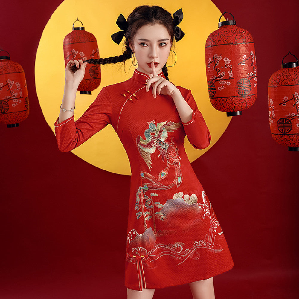Red cheongsam 2025 new improved national tide female toast dress bride long sleeve festive Chinese style women s clothing Phoenix image 1