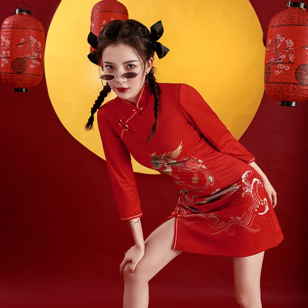 Red cheongsam 2025 new improved national tide female toast dress bride long sleeve festive Chinese style women s clothing Phoenix image 2