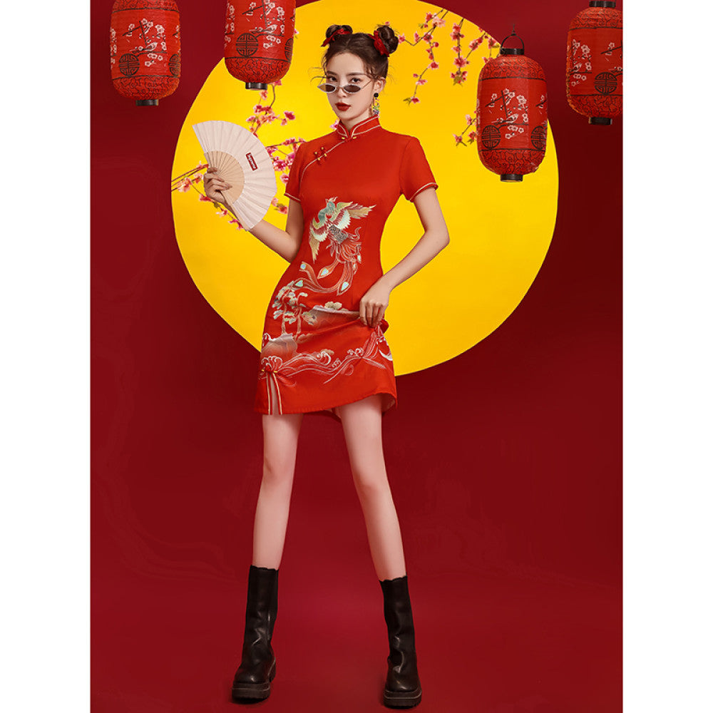 ASAYA4063 ✨ Elegant Red Phoenix Cheongsam Dress ❤️ (Short Sleeve)