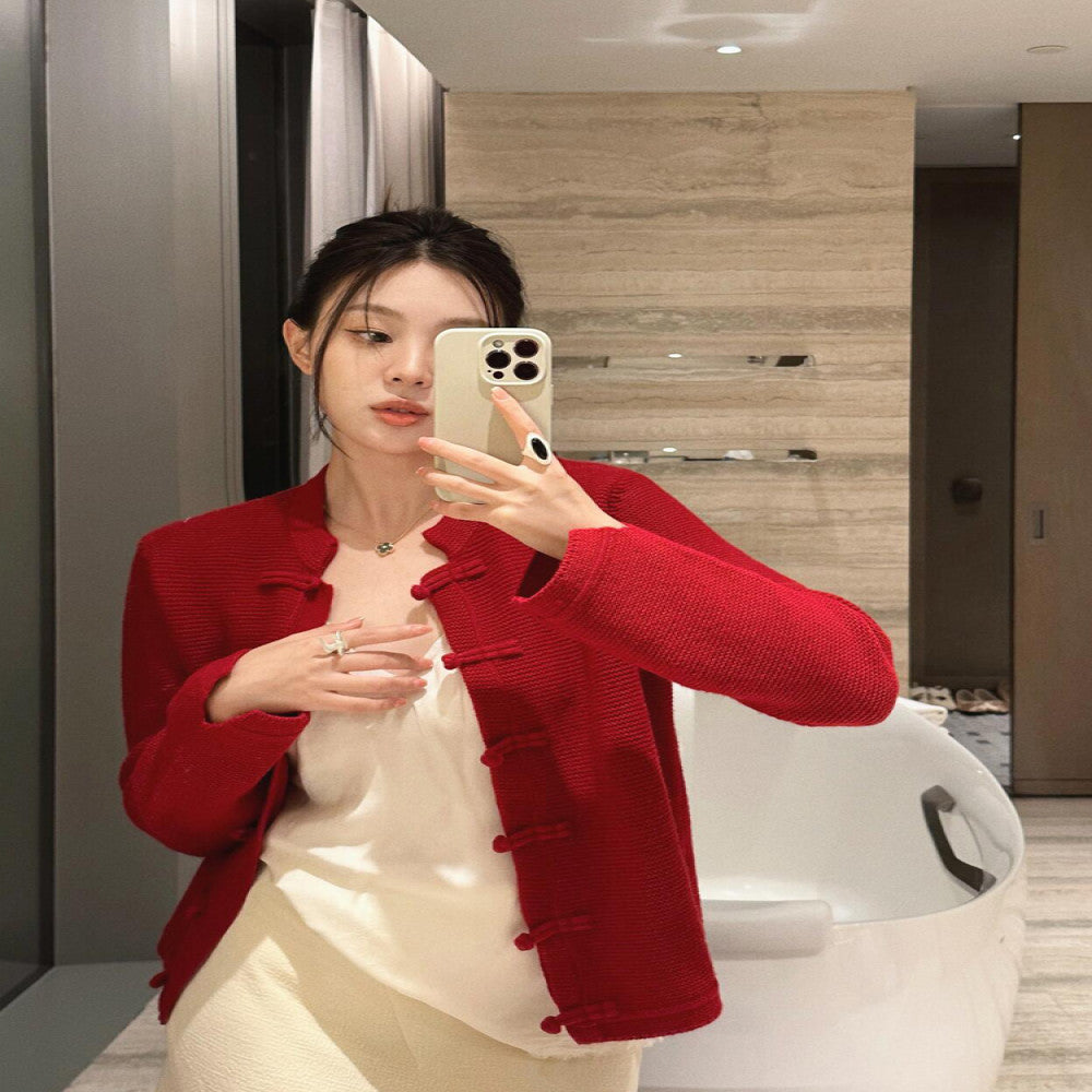 New Chinese style women s clothing 2025 new knitted cardigan buttoned top New Year s battle robe red jacket female autumn and winter image 0
