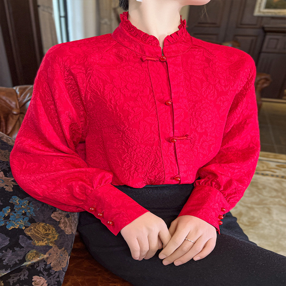 New Year s Red 00 Silk Crown Crepe New Chinese Shirt Chinese Style Top Women s Early Spring Three Dimensional Embossed Shirt image 2