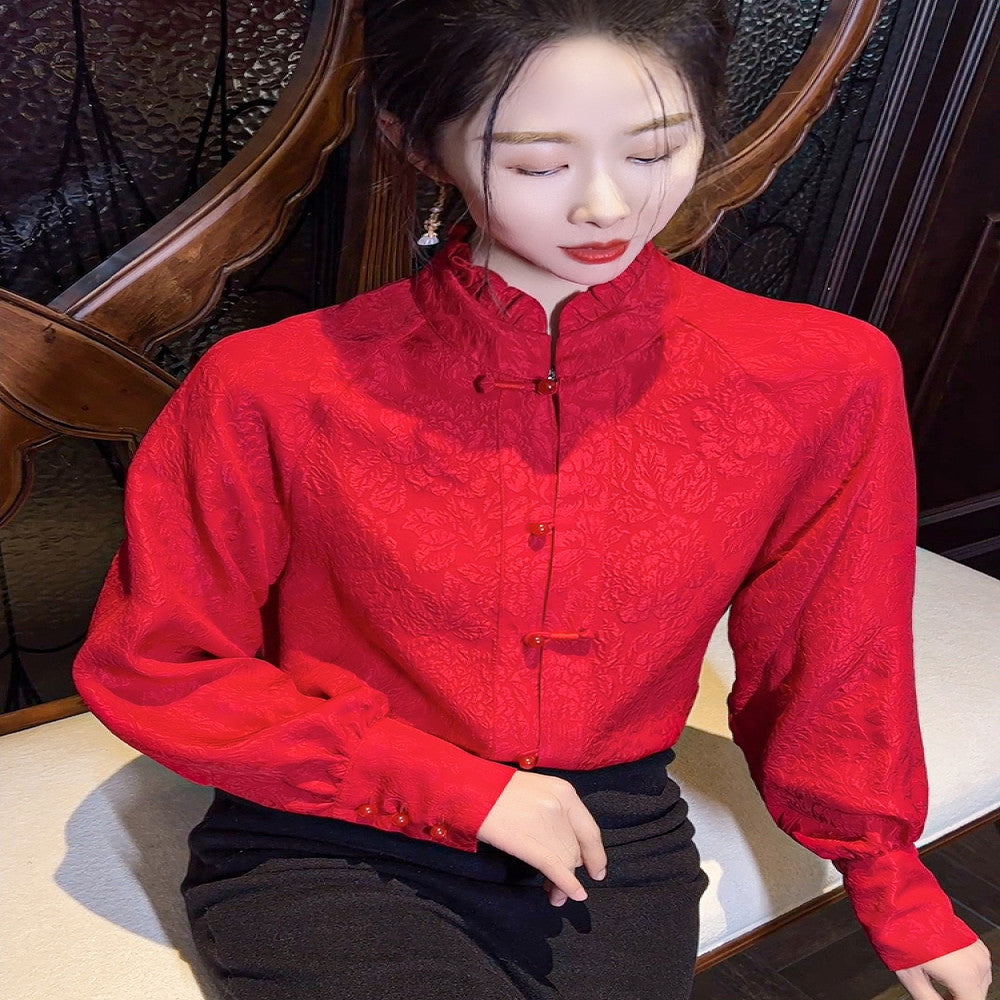 New Year s Red 00 Silk Crown Crepe New Chinese Shirt Chinese Style Top Women s Early Spring Three Dimensional Embossed Shirt image 3