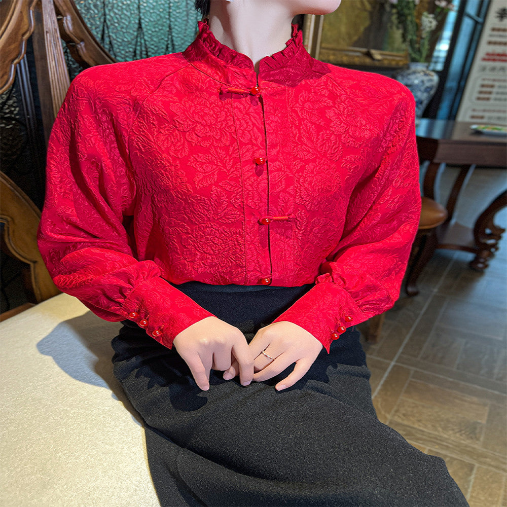 New Year s Red 00 Silk Crown Crepe New Chinese Shirt Chinese Style Top Women s Early Spring Three Dimensional Embossed Shirt image 4