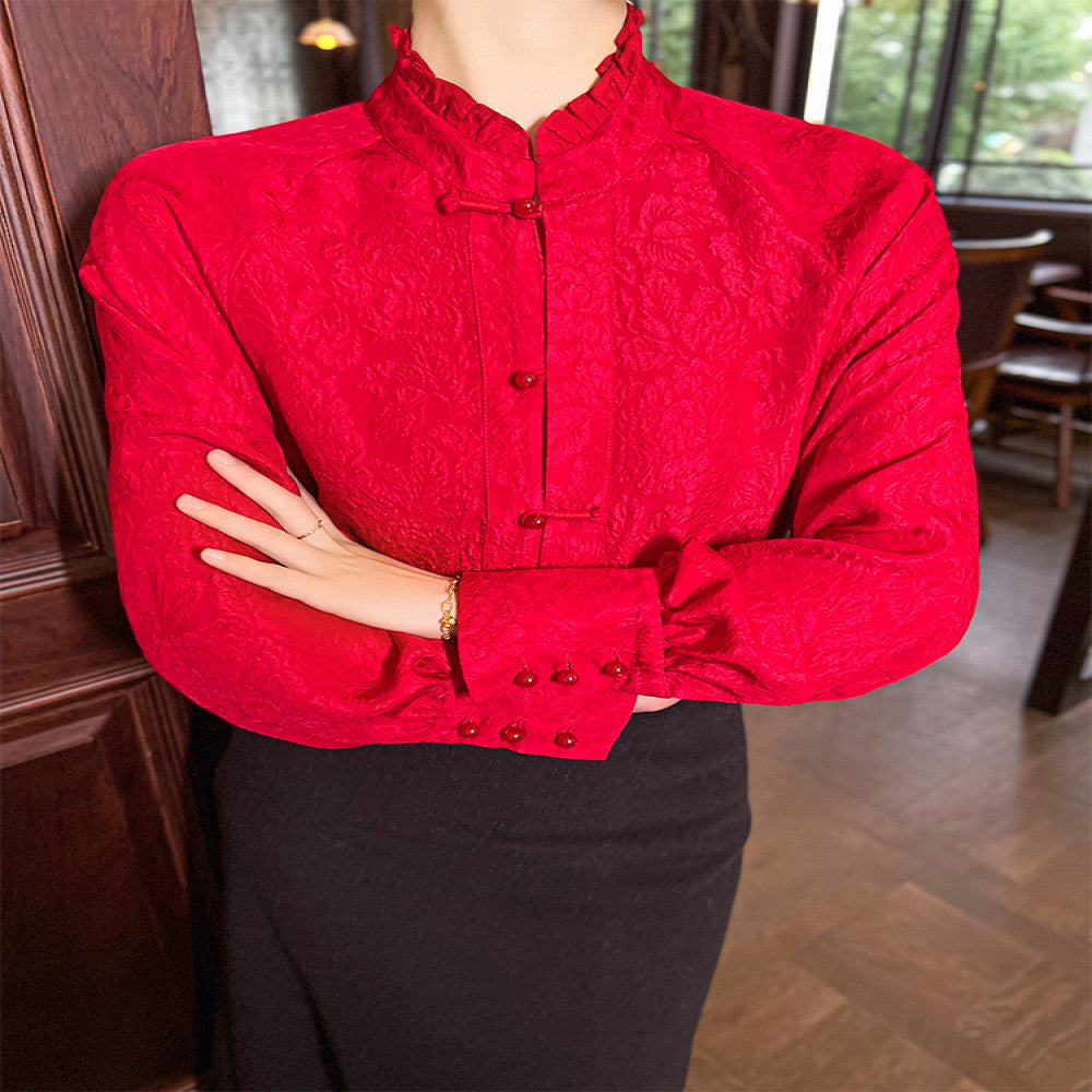 New Year s Red 00 Silk Crown Crepe New Chinese Shirt Chinese Style Top Women s Early Spring Three Dimensional Embossed Shirt image 5