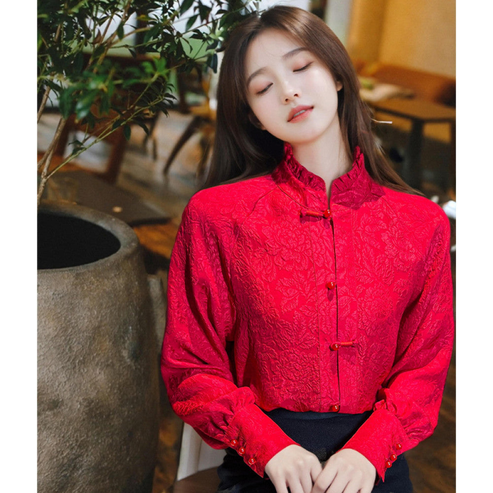 New Year s Red 00 Silk Crown Crepe New Chinese Shirt Chinese Style Top Women s Early Spring Three Dimensional Embossed Shirt image 6