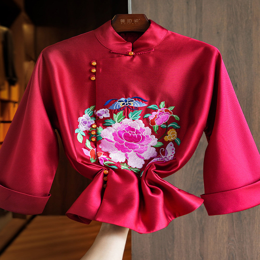 New Year red silk wool jacket for women spring and autumn style unique and beautiful heavy duty national trend embroidery new Chinese style top image 2
