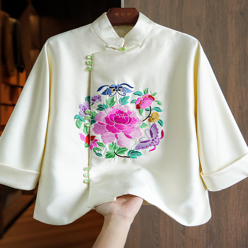 New Year red silk wool jacket for women spring and autumn style unique and beautiful heavy duty national trend embroidery new Chinese style top image 3