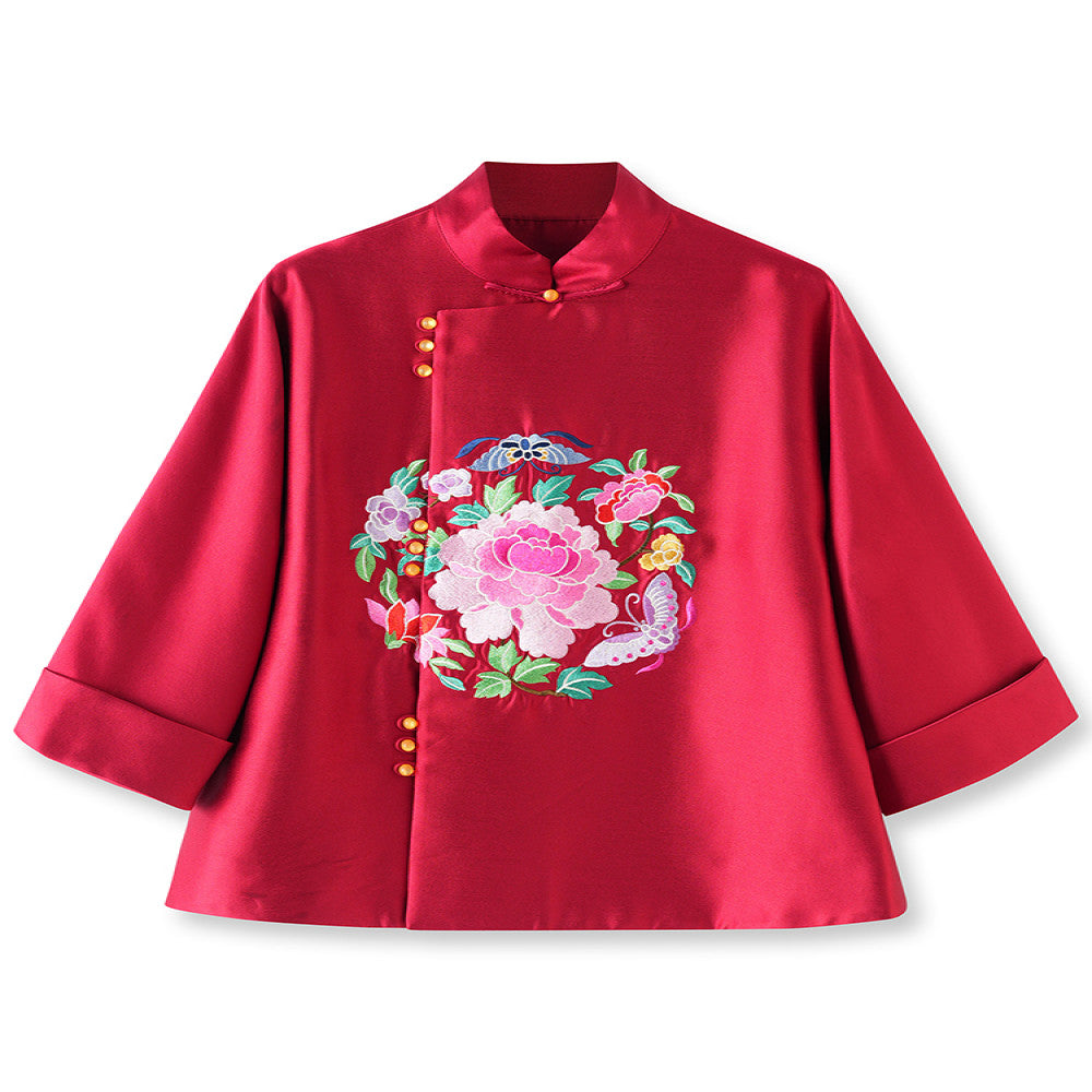 New Year red silk wool jacket for women spring and autumn style unique and beautiful heavy duty national trend embroidery new Chinese style top image 5