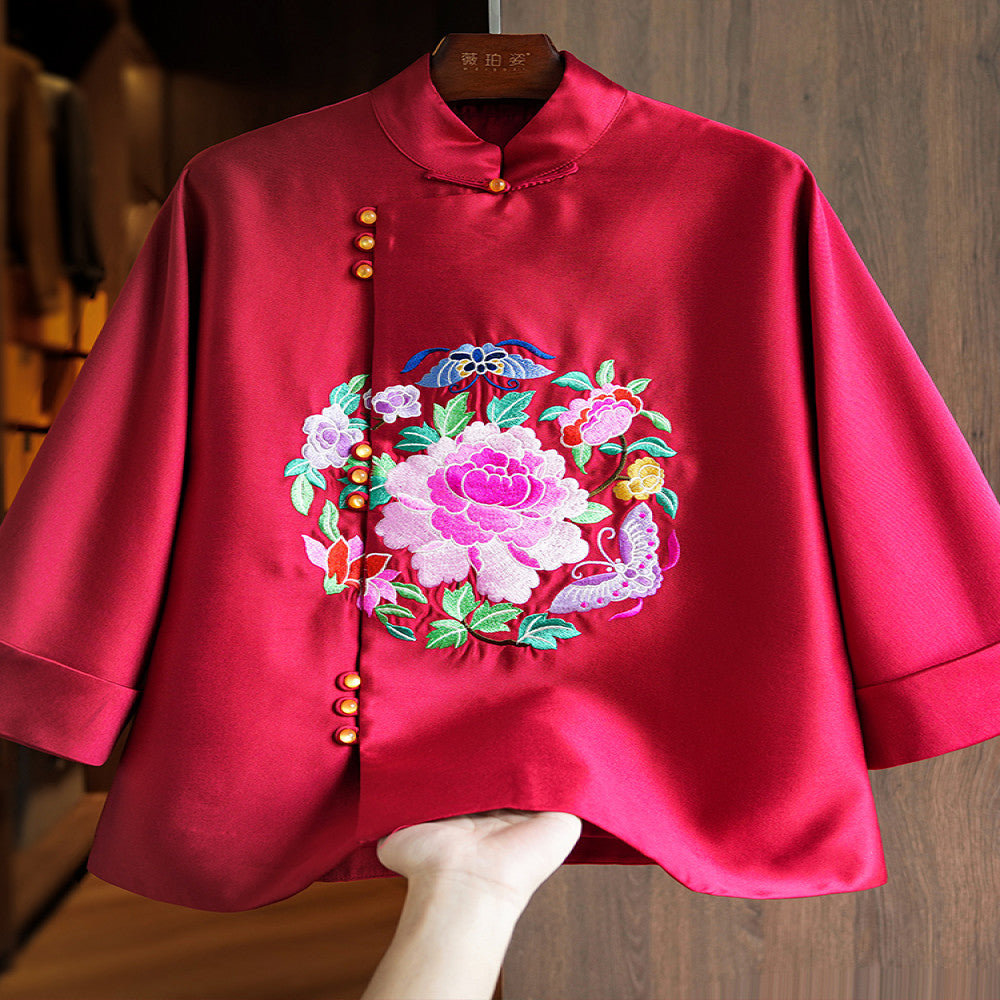 New Year red silk wool jacket for women spring and autumn style unique and beautiful heavy duty national trend embroidery new Chinese style top image 0
