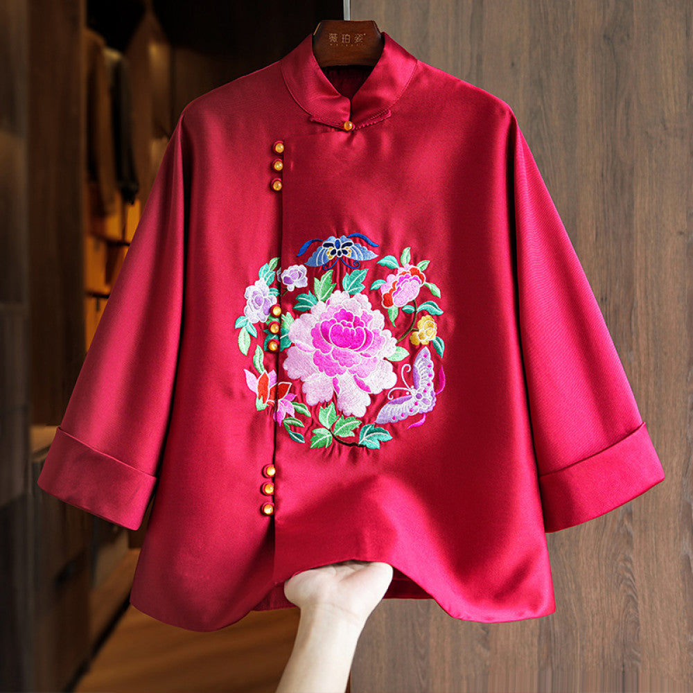 New Year red silk wool jacket for women spring and autumn style unique and beautiful heavy duty national trend embroidery new Chinese style top image 8