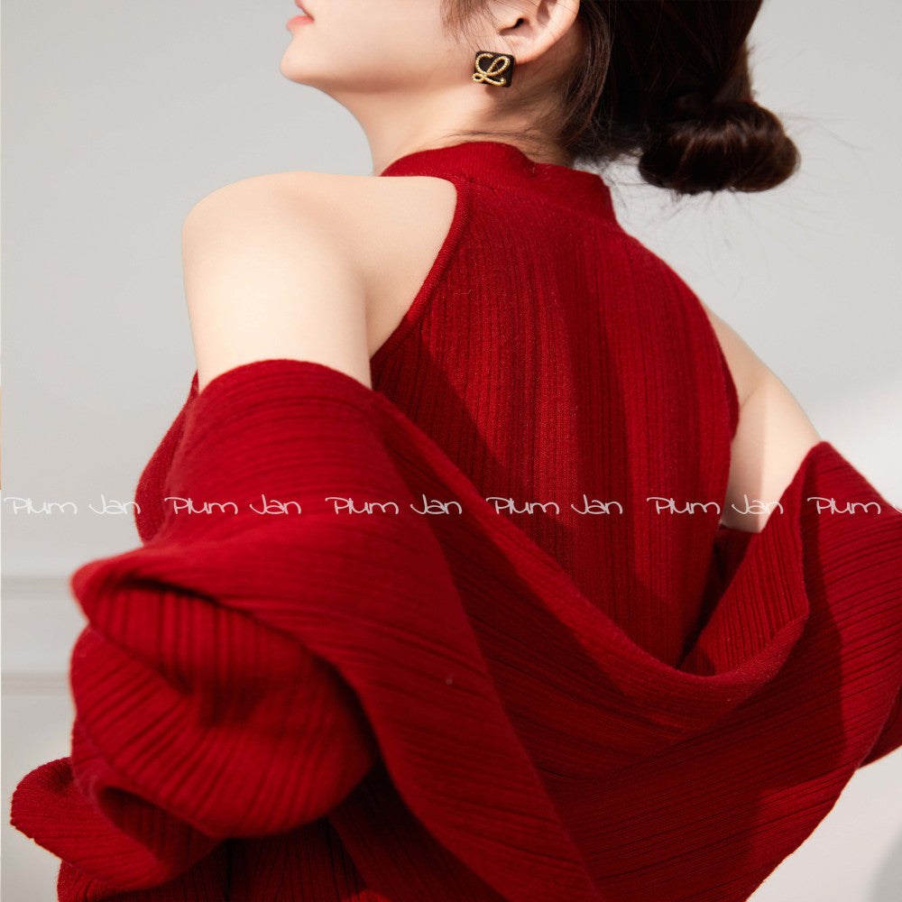 Plum Jan returning brides can usually wear two piece dresses red cheongsam buttoned knitted spring and autumn image 2