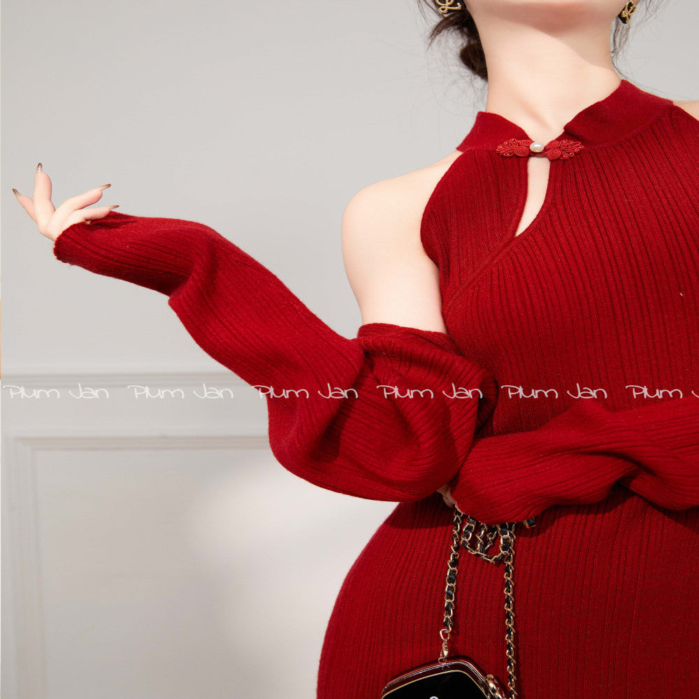 Plum Jan returning brides can usually wear two piece dresses red cheongsam buttoned knitted spring and autumn image 3