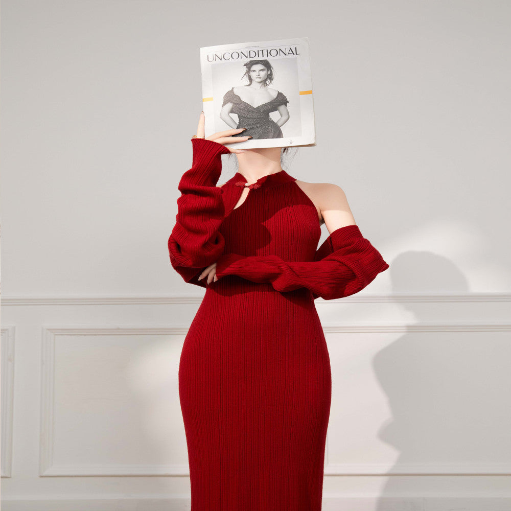 Plum Jan returning brides can usually wear two piece dresses red cheongsam buttoned knitted spring and autumn image 5