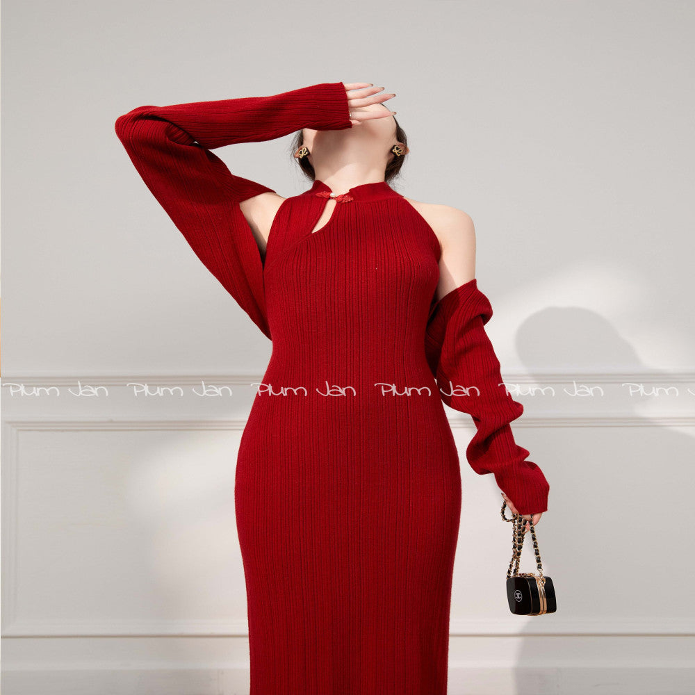 Plum Jan returning brides can usually wear two piece dresses red cheongsam buttoned knitted spring and autumn image 15