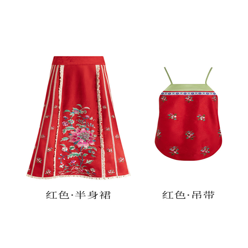 Zhao Yazhi s Same Style Linqi Ma Face Skirt with Left Embroidered Ethnic Style Spring Summer New Women s Strap Skirt image 5