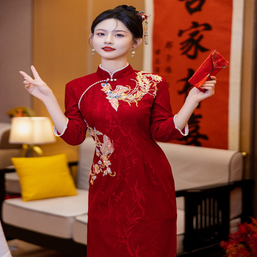 Ruyun Deng Queqiao Young red bridal engagement cheongsam 2025 spring new high end toast dress image 1