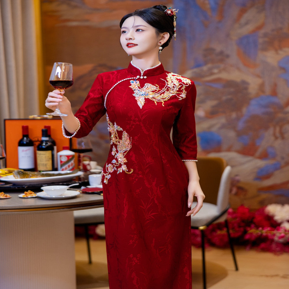 Ruyun Deng Queqiao Young red bridal engagement cheongsam 2025 spring new high end toast dress image 2
