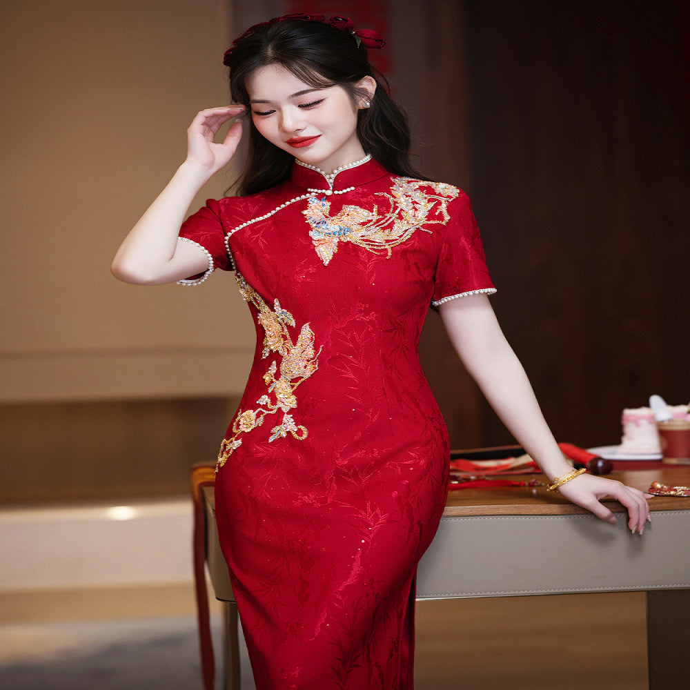 Ruyun Deng Queqiao Young red bridal engagement cheongsam 2025 spring new high end toast dress image 3