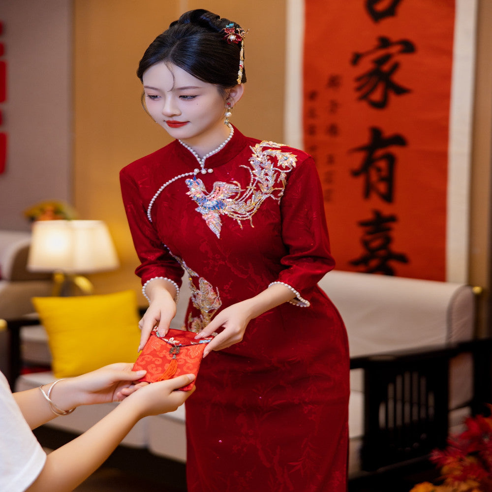 Ruyun Deng Queqiao Young red bridal engagement cheongsam 2025 spring new high end toast dress image 4