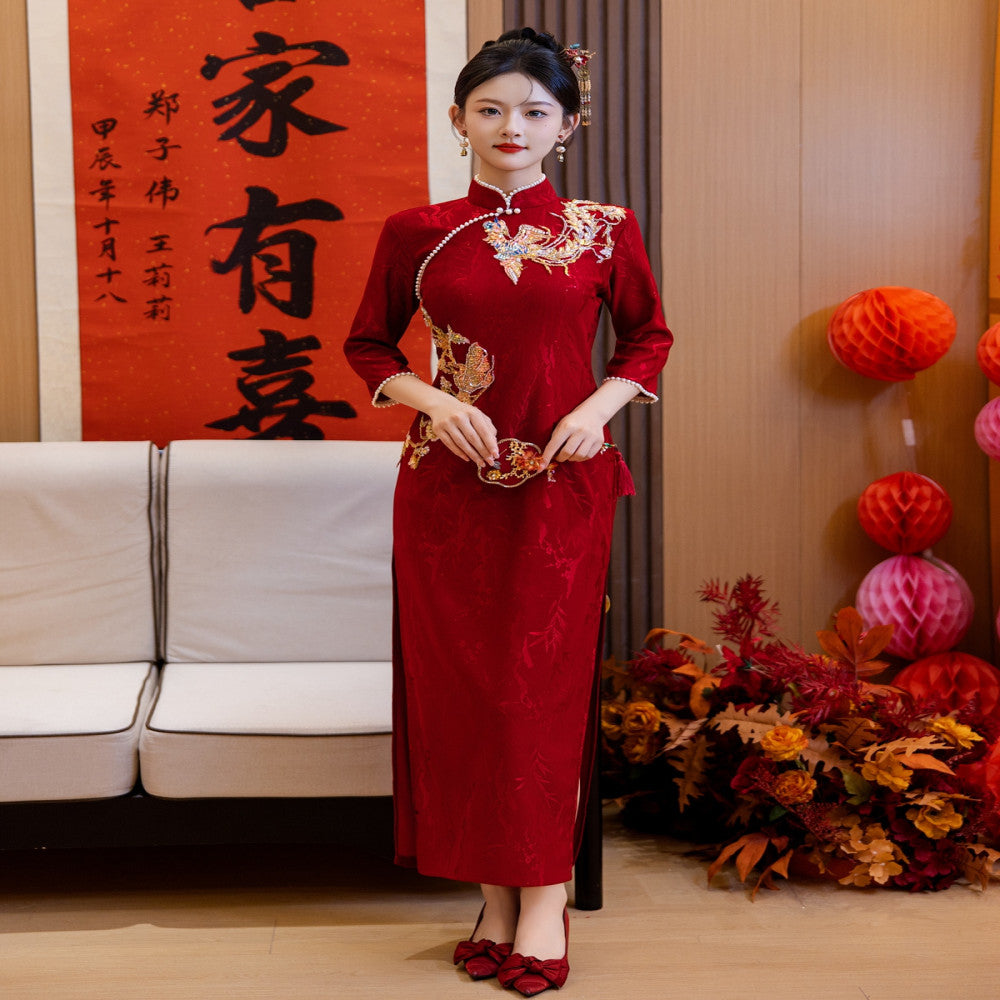 Ruyun Deng Queqiao Young red bridal engagement cheongsam 2025 spring new high end toast dress image 5