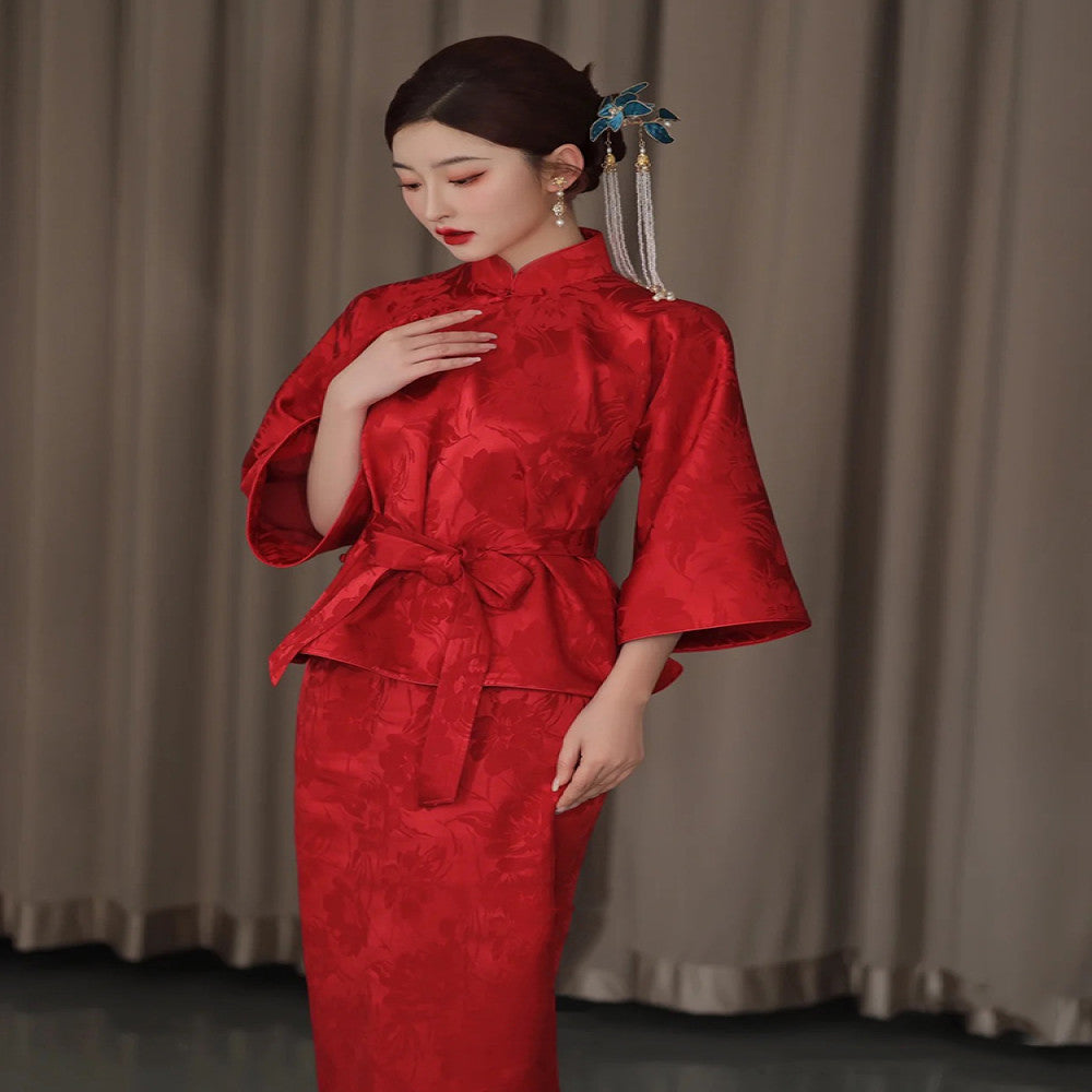 Chinese style jacquard red modified cheongsam top bride s wedding toast dress standing collar half skirt two piece set image 1