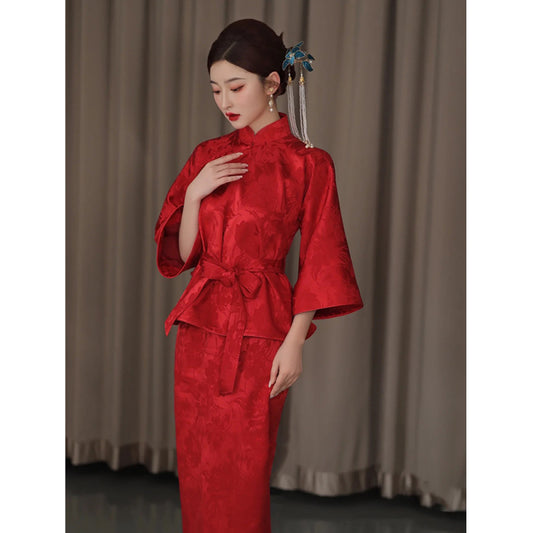 ASAYA4038: Elegant Red Jacquard Two-Piece Cheongsam Set ✨