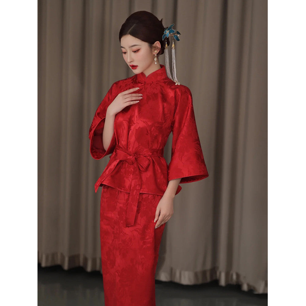 Chinese style jacquard red modified cheongsam top bride s wedding toast dress standing collar half skirt two piece set image 12