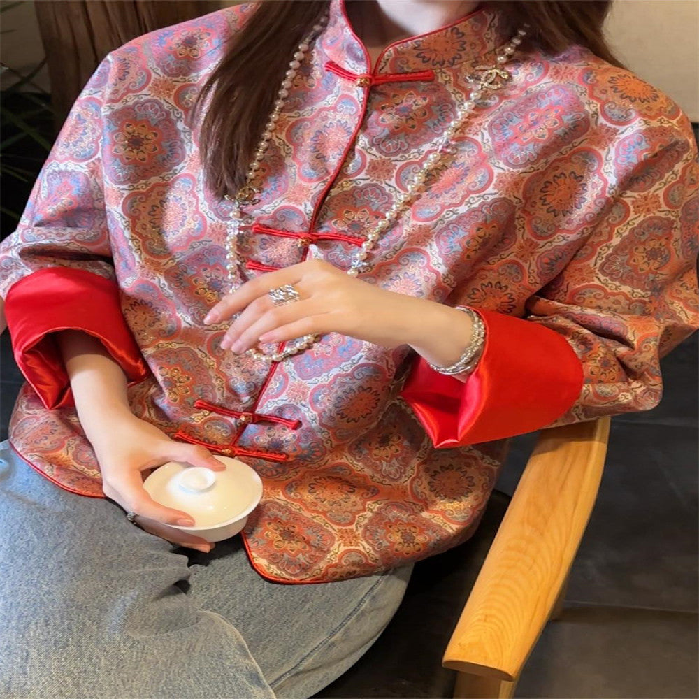 New Chinese style women s clothing 2025 new retro buttoned stand up collar top Songjin jacquard improved Tang suit jacket image 2