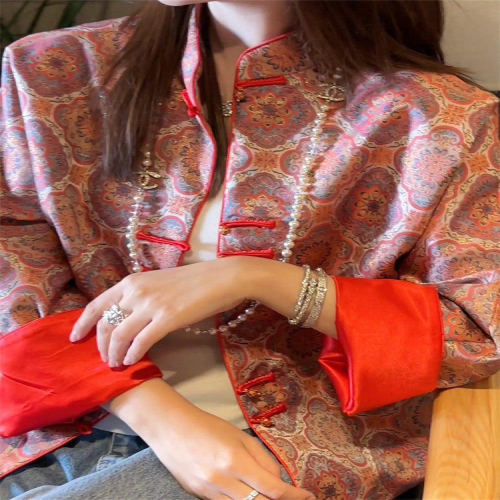 New Chinese style women s clothing 2025 new retro buttoned stand up collar top Songjin jacquard improved Tang suit jacket image 3