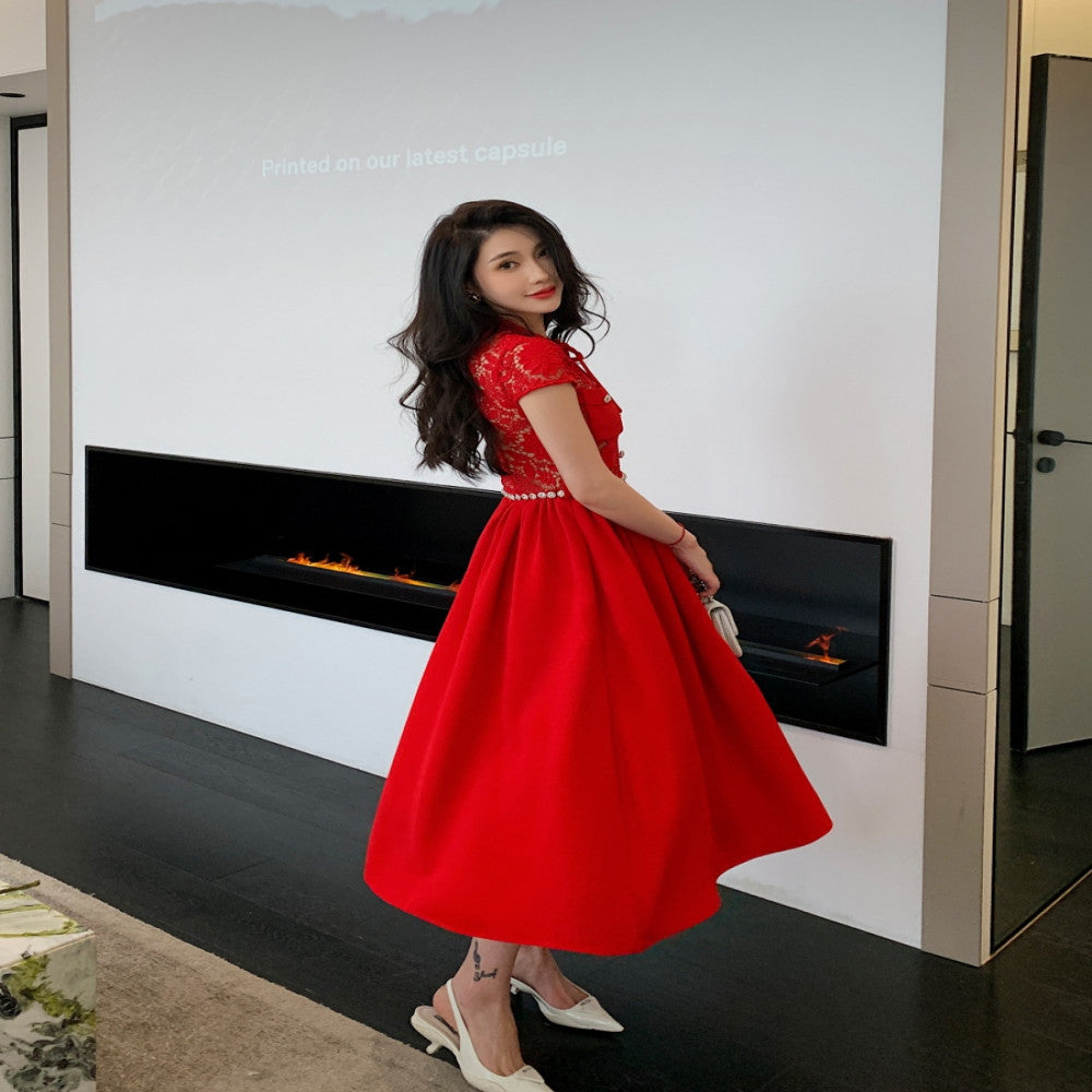 2025 Spring Lace Splicing Red New Chinese Wedding Christmas New Year Spring Festival Dress Long Skirt image 3