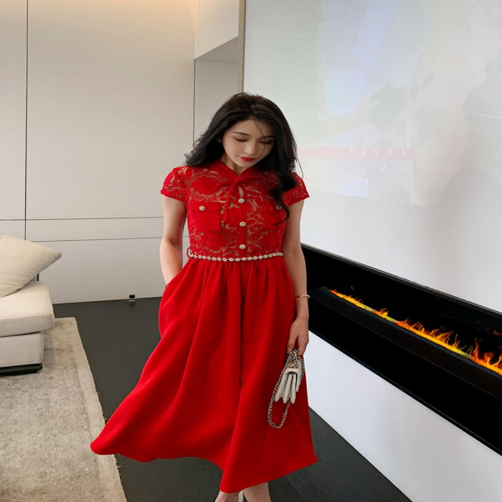 2025 Spring Lace Splicing Red New Chinese Wedding Christmas New Year Spring Festival Dress Long Skirt image 5