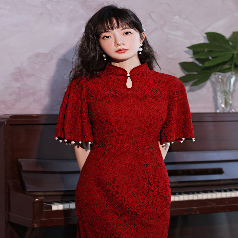 Qipao Toast Dress Bridal Chinese Improved Red Wedding and Engagement Dress Female Return Door Dress Lace Covered Arm image 1