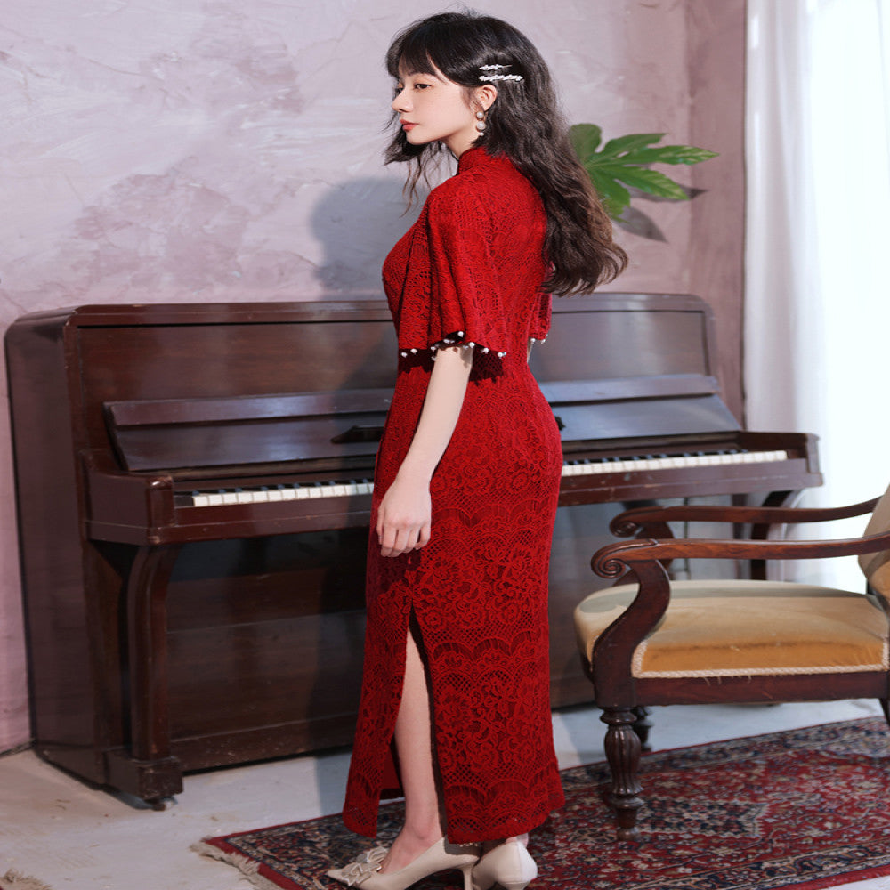 Qipao Toast Dress Bridal Chinese Improved Red Wedding and Engagement Dress Female Return Door Dress Lace Covered Arm image 3