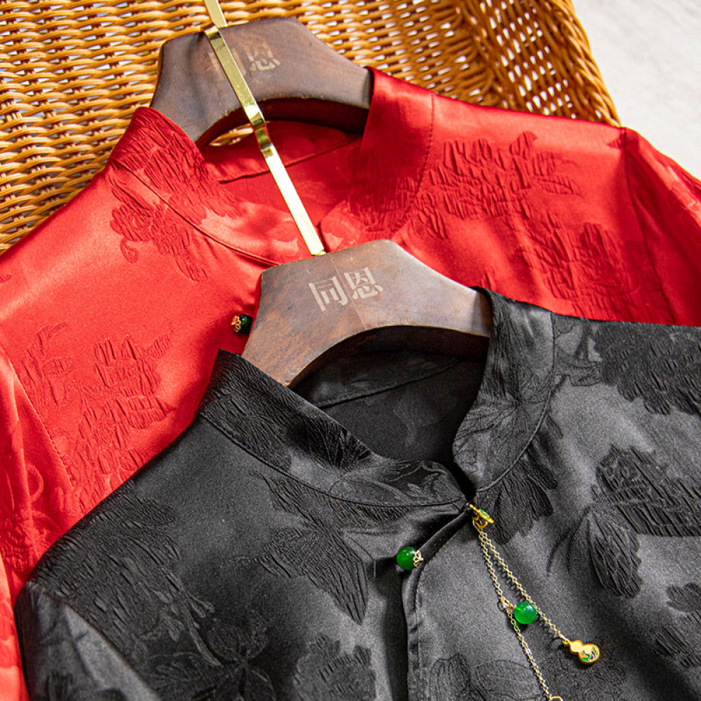 Red silk tops for women 2024 early spring new embroidery retro loose versatile national style new Chinese jacquard shirt image 3