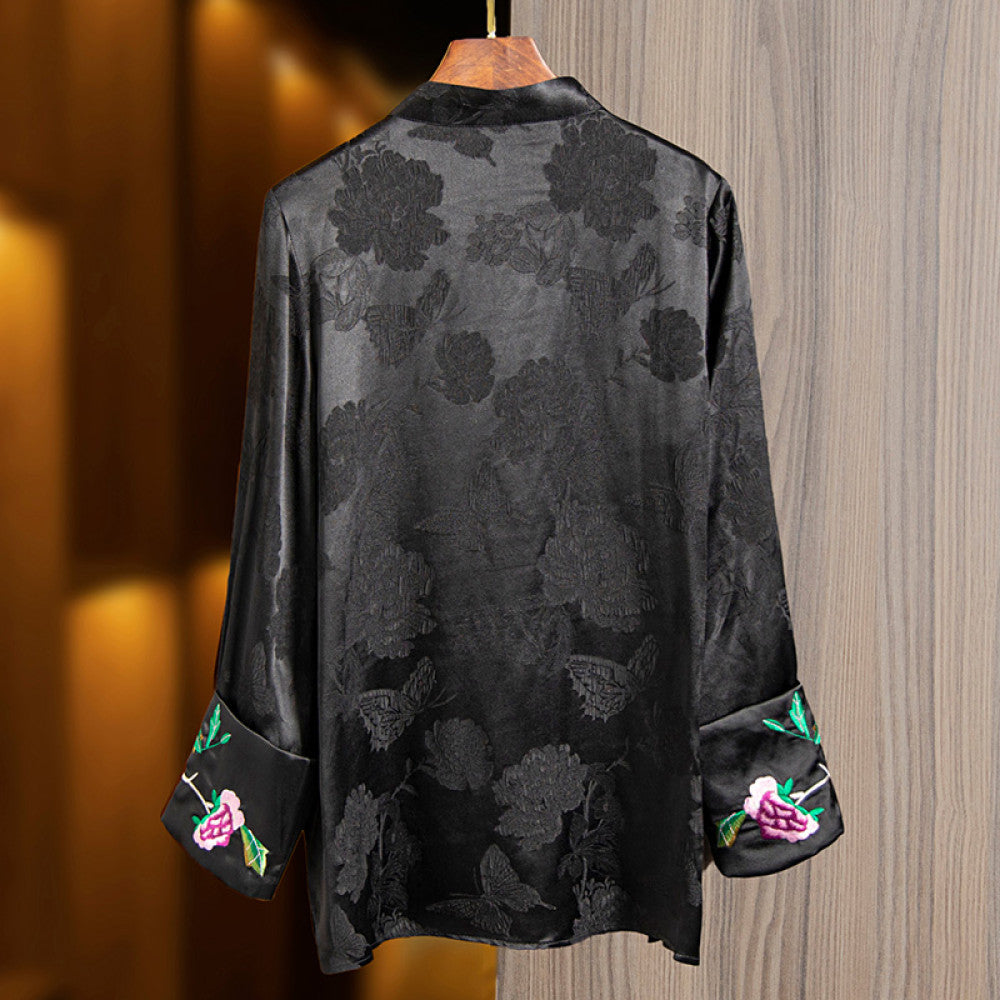 Red silk tops for women 2024 early spring new embroidery retro loose versatile national style new Chinese jacquard shirt image 5