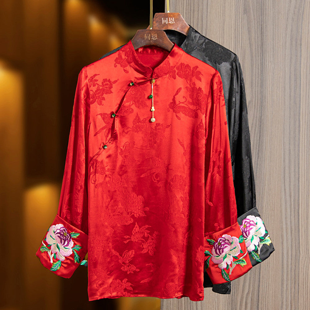 Red silk tops for women 2024 early spring new embroidery retro loose versatile national style new Chinese jacquard shirt image 0
