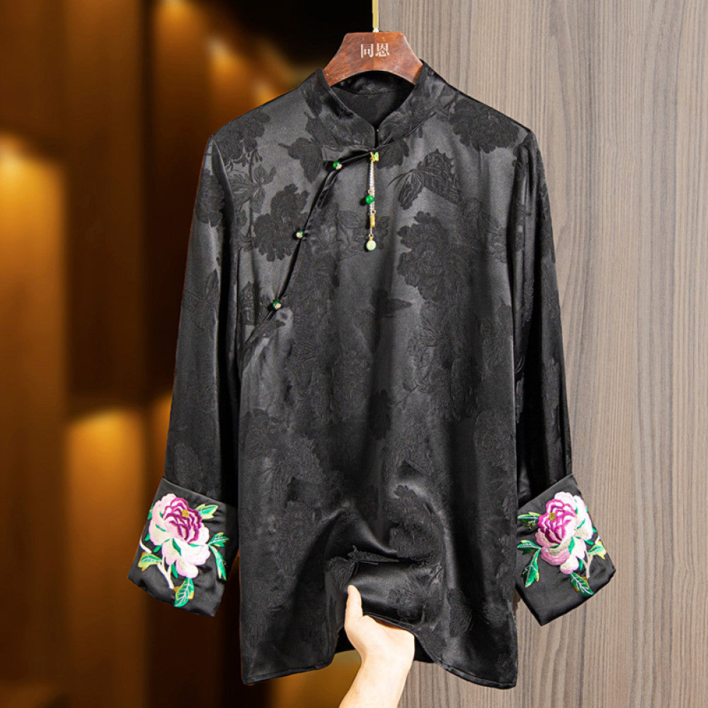 Red silk tops for women 2024 early spring new embroidery retro loose versatile national style new Chinese jacquard shirt image 8