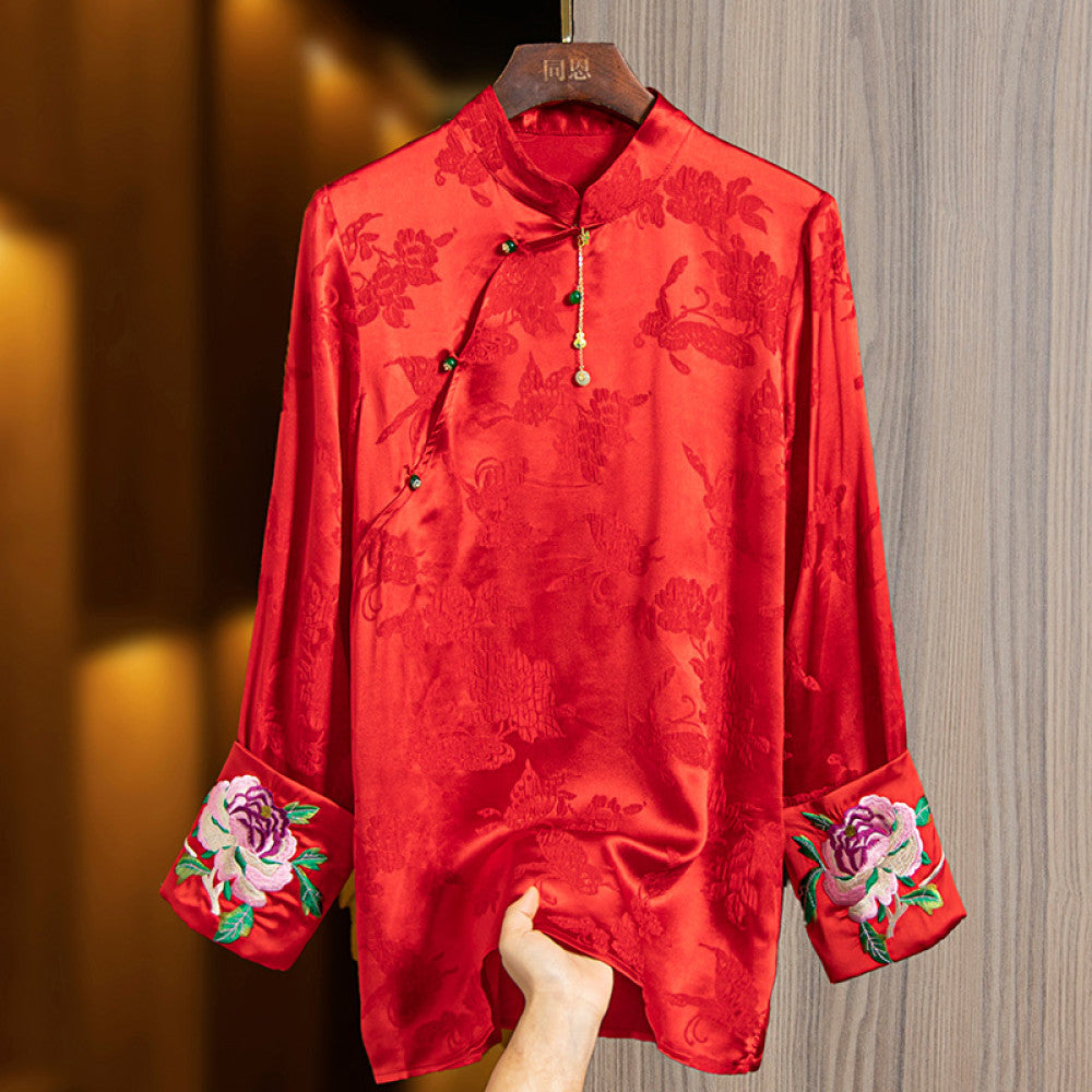 Red silk tops for women 2024 early spring new embroidery retro loose versatile national style new Chinese jacquard shirt image 18