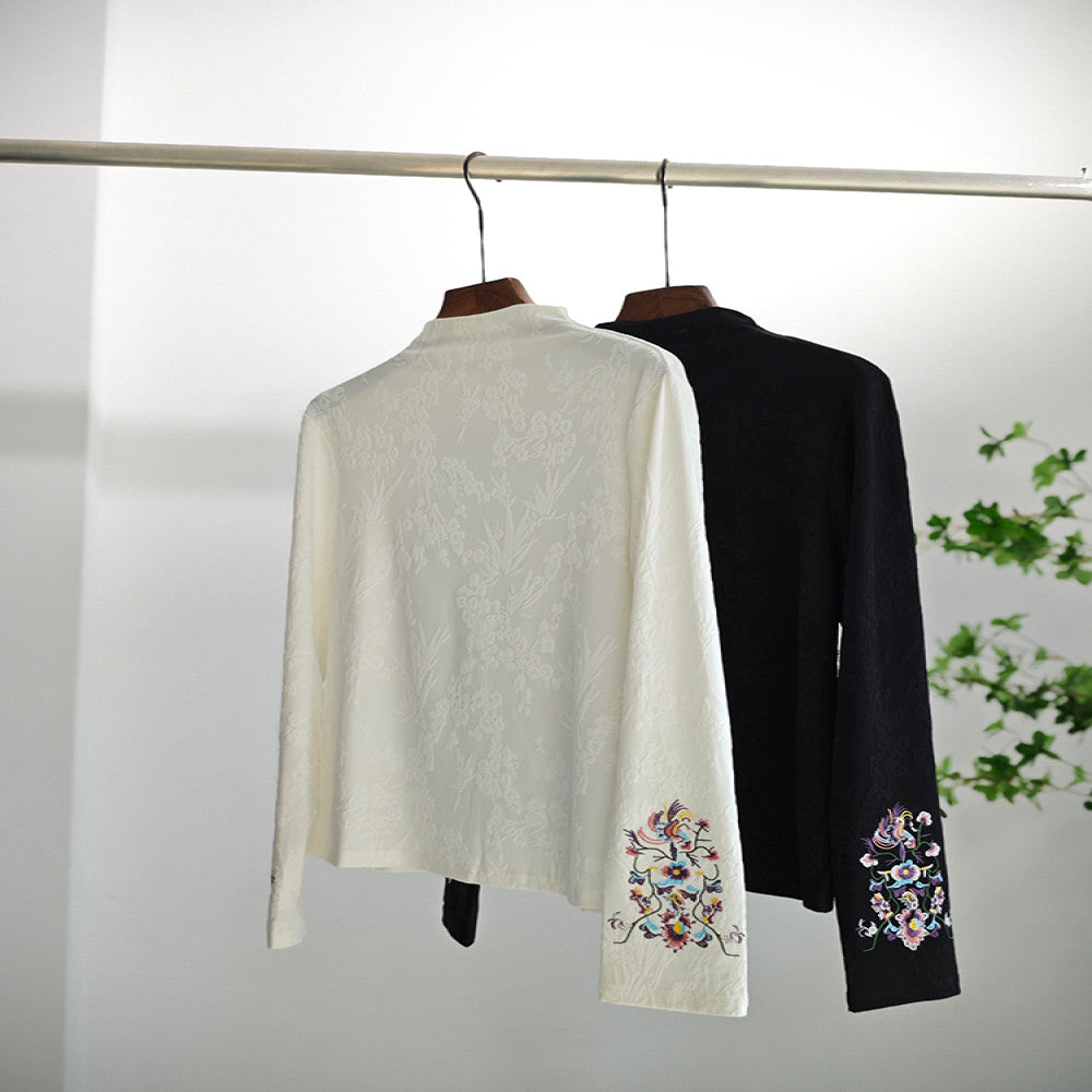 High end new Chinese style women s clothing embroidered top with Chinese style spring and autumn half high neck loose and thin velvet style long sleeved bottom shirt for women image 2
