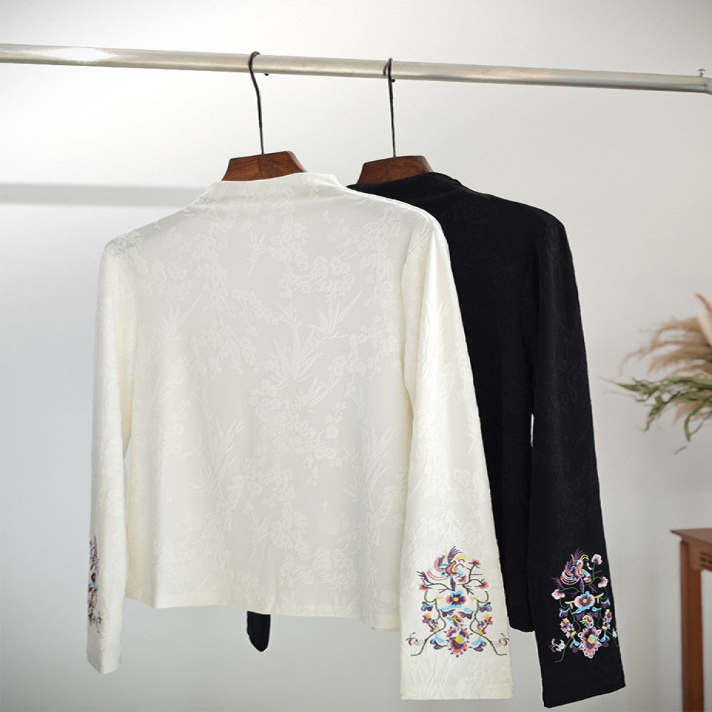 High end new Chinese style women s clothing embroidered top with Chinese style spring and autumn half high neck loose and thin velvet style long sleeved bottom shirt for women image 3