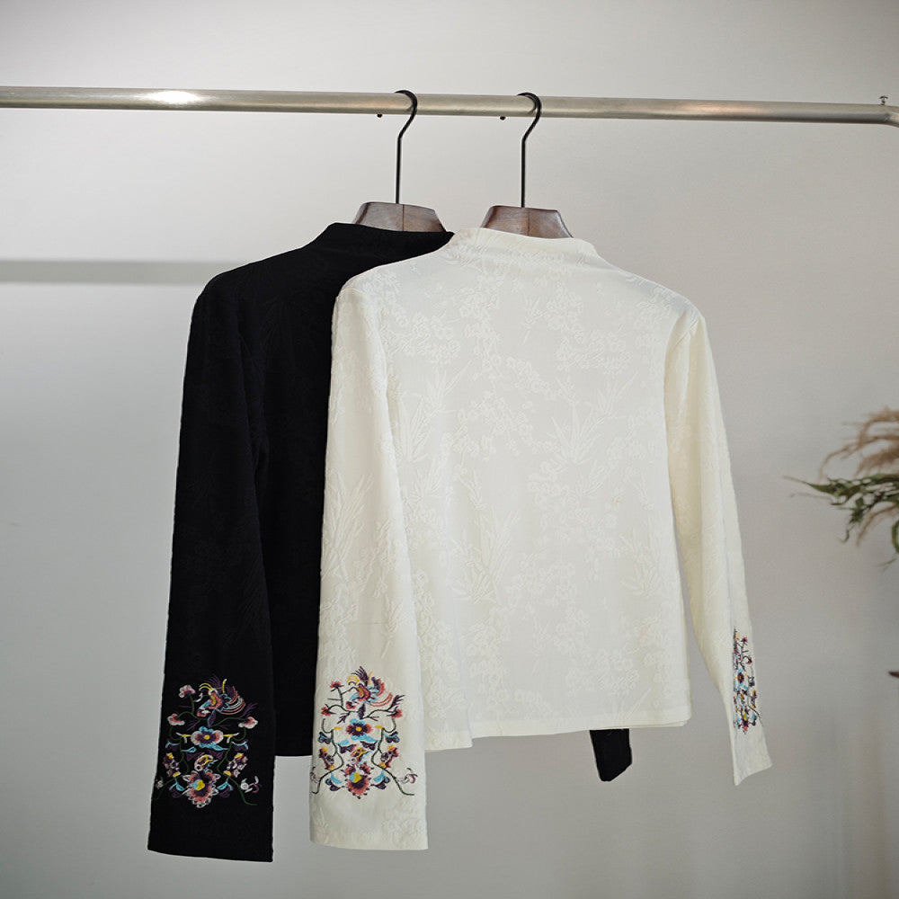 High end new Chinese style women s clothing embroidered top with Chinese style spring and autumn half high neck loose and thin velvet style long sleeved bottom shirt for women image 4