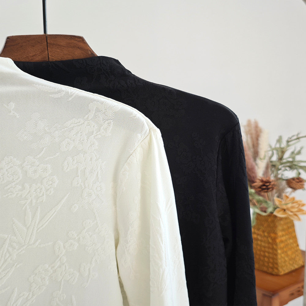 High end new Chinese style women s clothing embroidered top with Chinese style spring and autumn half high neck loose and thin velvet style long sleeved bottom shirt for women image 5